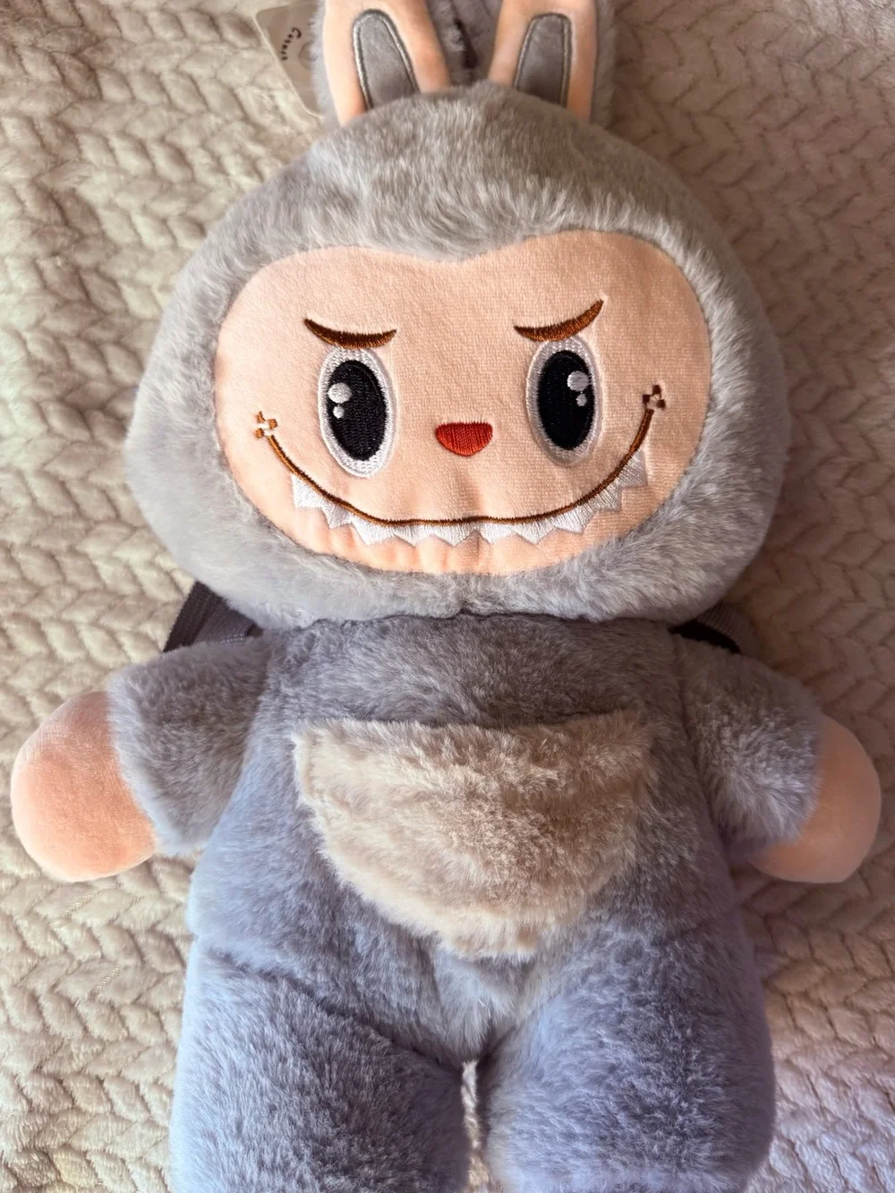 Plush Grey Bunny Monster Kids Backpack - Soft Plush Companion